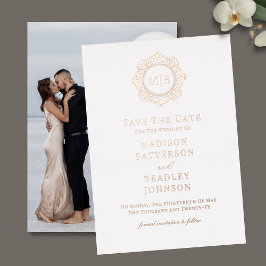 フローラ華美モノグラム写真結婚式の日付を保存 箔招待状