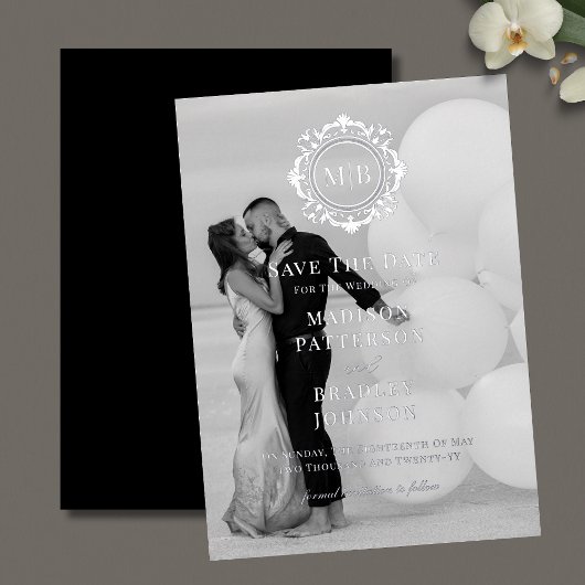 フローラ華美モノグラム写真結婚式の日付を保存 箔招待状