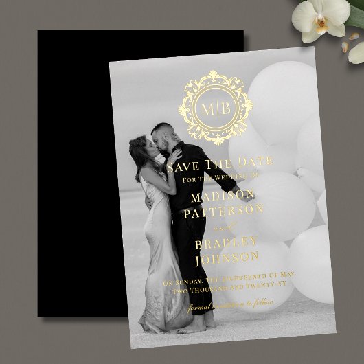 フローラ華美モノグラム写真結婚式の日付を保存 箔招待状