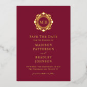 フローラ華美モノグラム写真結婚式の日付を保存 箔招待状 (正面)