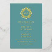 フローラ華美モノグラム写真結婚式の日付を保存 箔招待状 (正面)