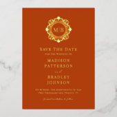 フローラ華美モノグラム写真結婚式の日付を保存 箔招待状 (正面)