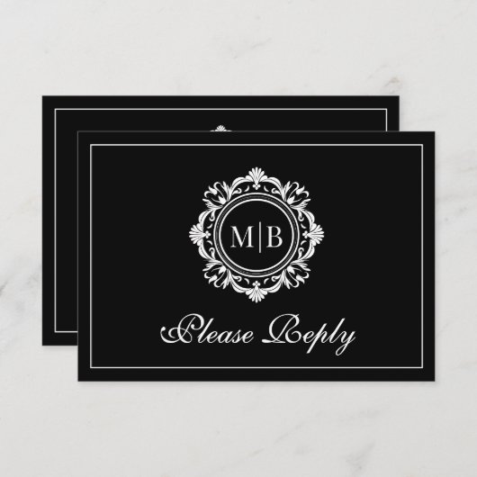 フローラ華美モノグラム白黒結婚ズ 出欠カード (正面/裏面)