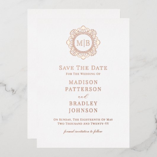 フローラ華美モノグラム結婚式の日付を保存 箔招待状 (正面/裏面)