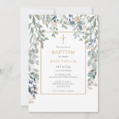 フローラ葉エレガント金ゴールドバプテスマ《キリスト教》洗礼式や命名式 招待状 (正面)