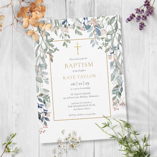 フローラ葉エレガント金ゴールドバプテスマ《キリスト教》洗礼式や命名式 招待状