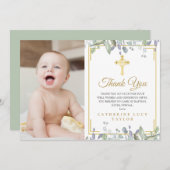 フローラ葉ズ金ゴールドクロスバプティスマ《キリスト教》洗礼式や命名式写真 サンキューカード (正面/裏面)