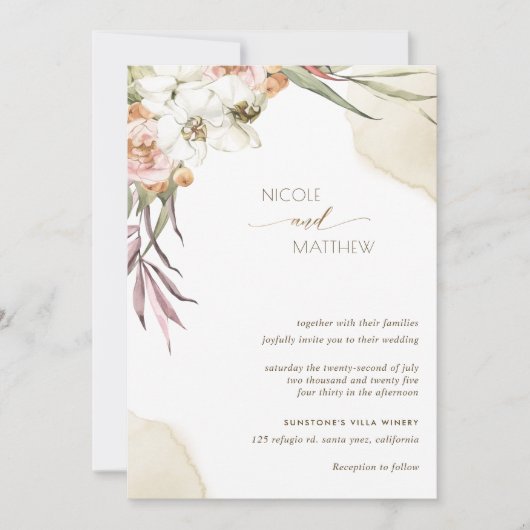 フローラ葉パーム、クリームアンドピーチ結婚ズ 招待状 (正面)