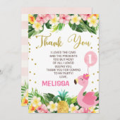 フローラ葉フラミンゴ誕生日サンキューカード 招待状 (正面/裏面)