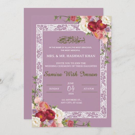 フローラ薄紫ピンクムスリム結婚式招待状 招待状 (正面/裏面)