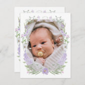 フローラ薄紫ラベンダーフレームバプテスマサンキューカード 招待状 (正面/裏面)