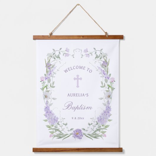 フローラ薄紫ラベンダーフレームバプテスムウェルカム 吊り下げ型タペストリー (正面)