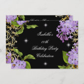 フローラ薄紫金ゴールドブラックエリートウィメンズ誕生日 招待状 (正面/裏面)