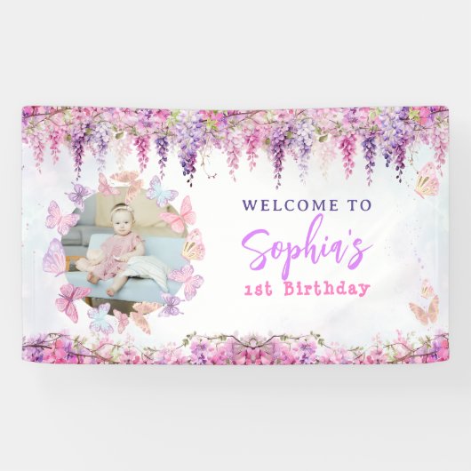 フローラ藤金ゴールド蝶子供の誕生日写真 横断幕 (横)