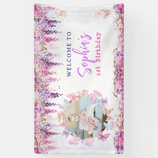 フローラ藤金ゴールド蝶子供の誕生日写真 横断幕 (縦)