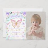 フローラ蝶のキスと誕生日ウィッシュ写真 招待状 (正面)