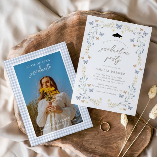 フローラ蝶ほこりっぽい青い写真卒業 招待状