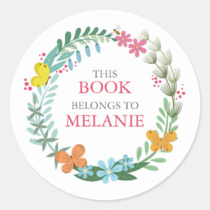 フローラ蝶カラフルリース蔵書票シール ラウンドシール