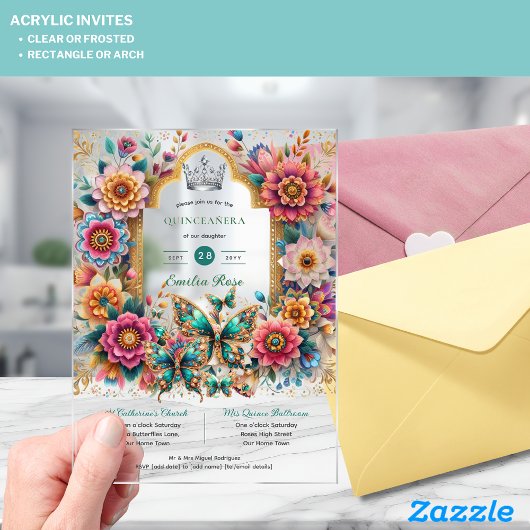 フローラ蝶キンセアニェラティアラ金ゴールドシルバー アクリル招待状