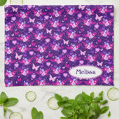 フローラ蝶ハートパープルピンク名前をカスタムする キッチンタオル (折り畳み)