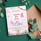 フローラ蝶ピンクと白1歳モダン誕生日 招待状