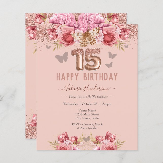 フローラ蝶ピンクハッピー15誕生日 (正面/裏面)