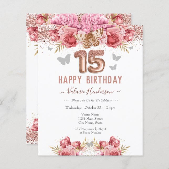 フローラ蝶ピンクハッピー15誕生日 (正面/裏面)
