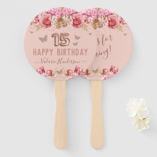 フローラ蝶ピンクハッピー15誕生日 ハンドファン (正面&裏面)