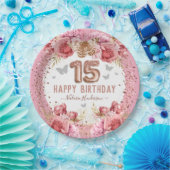 フローラ蝶ピンクハッピー15誕生日 ペーパープレート (パーティー)