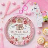 フローラ蝶ピンクハッピー15誕生日 ペーパープレート (パーティー)