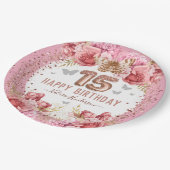 フローラ蝶ピンクハッピー15誕生日 ペーパープレート (アングル)