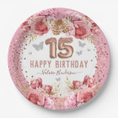 フローラ蝶ピンクハッピー15誕生日 ペーパープレート (正面)