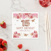 フローラ蝶ピンクハッピー15th誕生日ナプキン スタンダードカクテルナプキン (インサイチュ)
