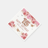 フローラ蝶ピンクハッピー15th誕生日ナプキン スタンダードカクテルナプキン (角)