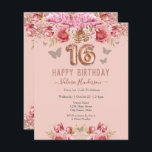 フローラ蝶ピンクハッピー16誕生日<br><div class="desc">ガーリーグリッター、千年のピンクの背景、スクリプファンシート名タイポグラフィ。バラフェイク金ゴールド16バルーン文字。ピンクのバラと蝶のトップ縁ど。甘素晴らしい16お祝い。</div>