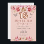 フローラ蝶ピンクハッピー16誕生日<br><div class="desc">ガーリーグリッター、千年のピンクの背景、スクリプファンシート名タイポグラフィ。バラフェイク金ゴールド16バルーン文字。ピンクのバラと蝶のトップ縁ど。甘素晴らしい16お祝い。</div>