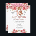 フローラ蝶ピンクハッピー16誕生日<br><div class="desc">ガーリースクリプト名ファンシータイポグラフィのグリッター。バラフェイク金ゴールド16バルーン文字。ピンクのバラと蝶のトップ縁ど。甘素晴らしい16お祝い。</div>