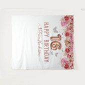 フローラ蝶ピンクハッピー16th誕生日タペスト タペストリー (正面(横))