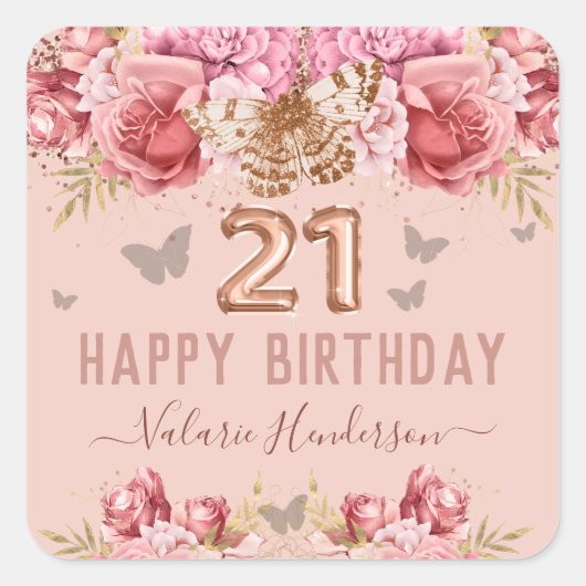 フローラ蝶ピンクハッピー21歳の誕生日 スクエアシール (正面)