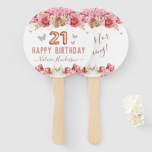 フローラ蝶ピンク幸せ21st誕生日ハンドF ハンドファン (正面&裏面)