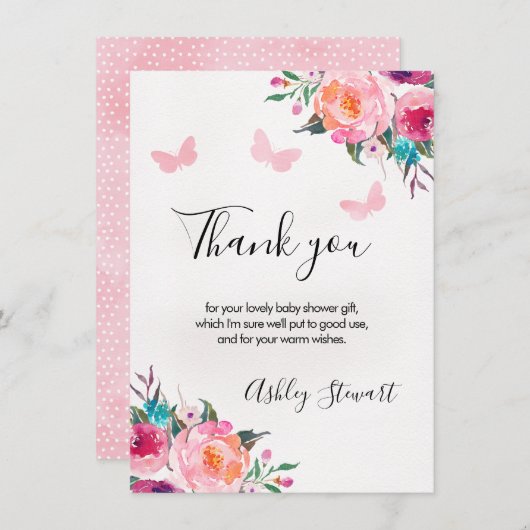 フローラ蝶ベビーシャワーサンキューカードガール 招待状 (正面/裏面)