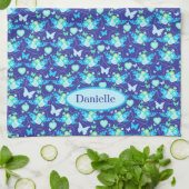 フローラ蝶&ハートブルー名前をカスタムする キッチンタオル (折り畳み)