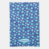 フローラ蝶&ハートブルー名前をカスタムする キッチンタオル (縦)