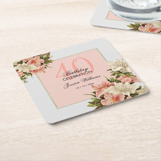 フローラ装飾フェミニン誕生日 スクエアペーパーコースター (アングル)