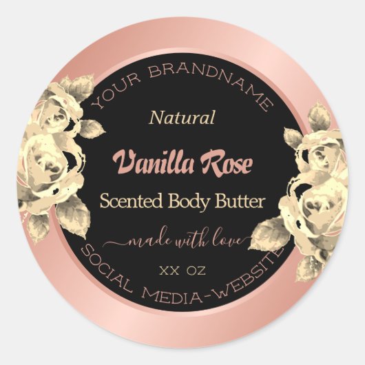 フローラ製品パッケージングラベルバラ金ゴールドブラック ラウンドシール (正面)