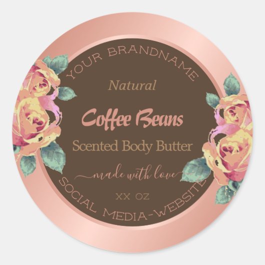 フローラ製品パッケージングラベルバラ金ゴールド茶色 ラウンドシール (正面)