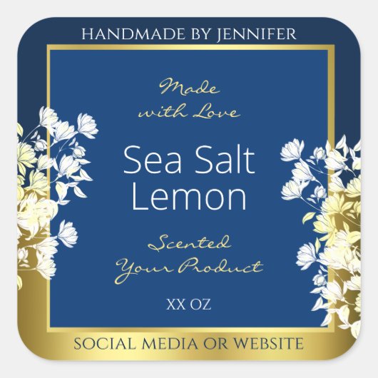 フローラ製品パッケージングラベル深い青と金ゴールド スクエアシール (正面)