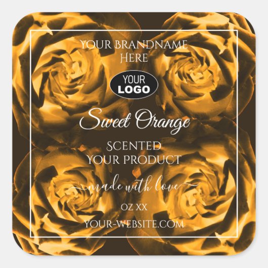 フローラ製品ラベルオレンジ色の茶色のバラとロゴ スクエアシール (正面)
