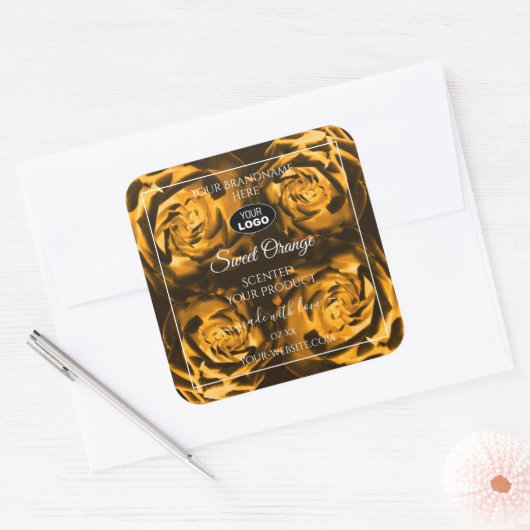 フローラ製品ラベルオレンジ色の茶色のバラとロゴ スクエアシール (封筒)