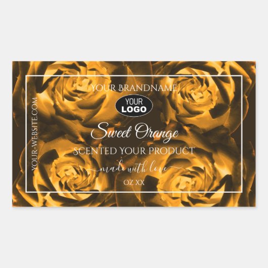 フローラ製品ラベルオレンジ色の茶色のバラとロゴ 長方形シール (正面)